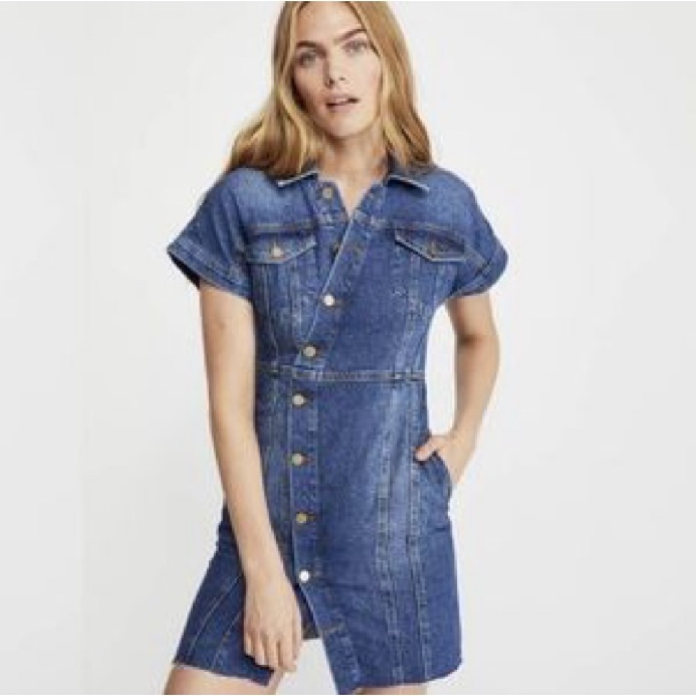 Free People Denim Notched Collar Asymmetrical Mini Dress